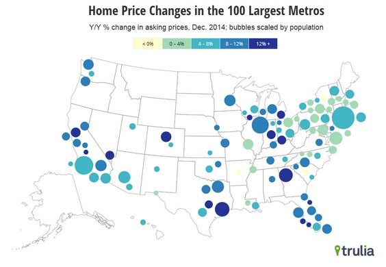 A map if the United States showing home price changes in the 100 largest metros. 