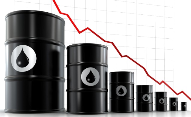 A line graph with oil barrels getting smaller left to right representing oil prices falling.