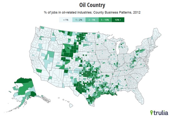 A map of the United States showing the percentage of jobs in the oil-related industry. 
