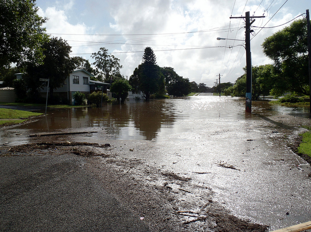 A neighborhood with flooded streets. 