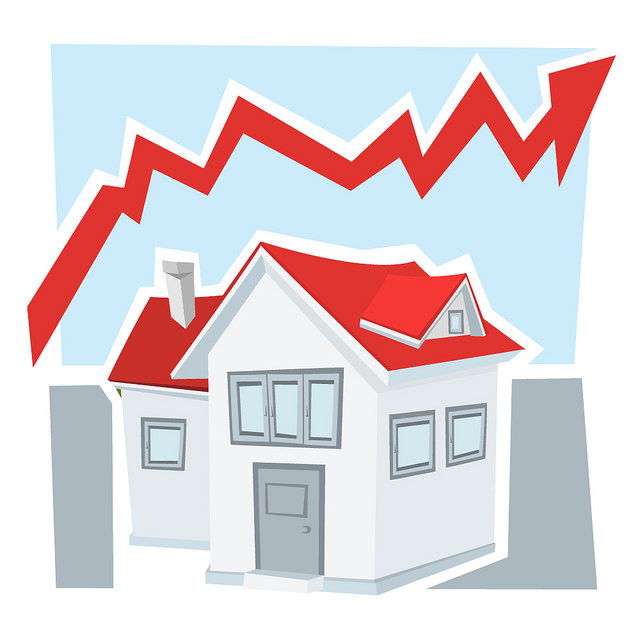 red line showing inflation impact the housing market over a white house